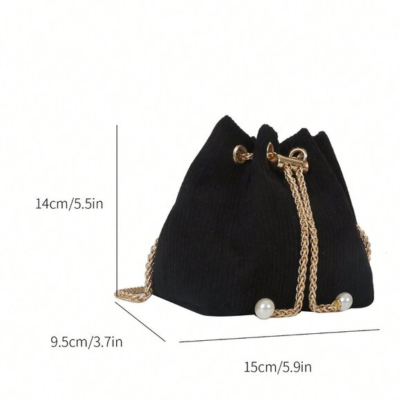 Black Fashionable Women's Chain & Faux Pearl Decor Bucket Bag Polyester - Picture 6 of 6
